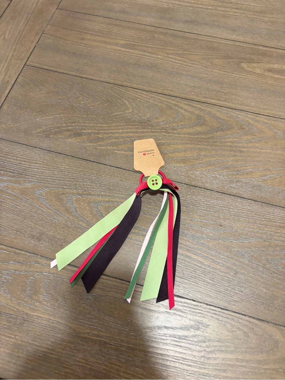 Handmade Kids Ribbon Hair Tie with Green Button Accent